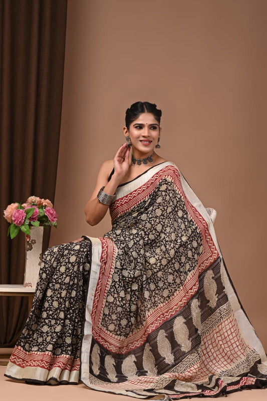 Eco-Chic Linen Saree With Handmade Prints