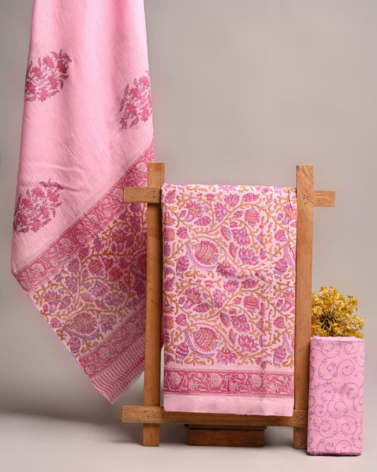 Hand Block Printed Cotton Suit With Mulmul Dupatta