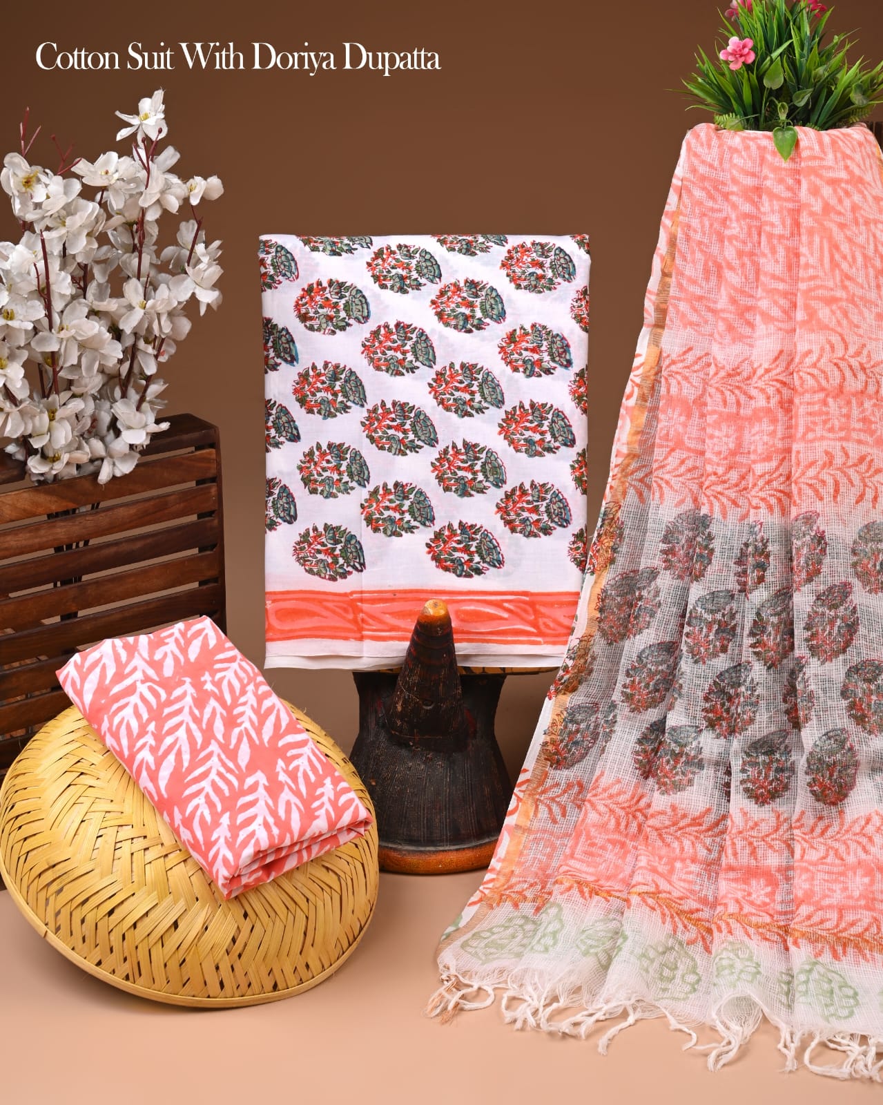 Hand Block Printed Pure Cotton Suit With Kota Doria Dupatta