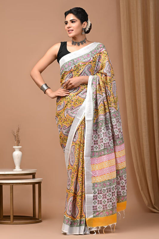 Handcrafted Dabu Print Linen Saree