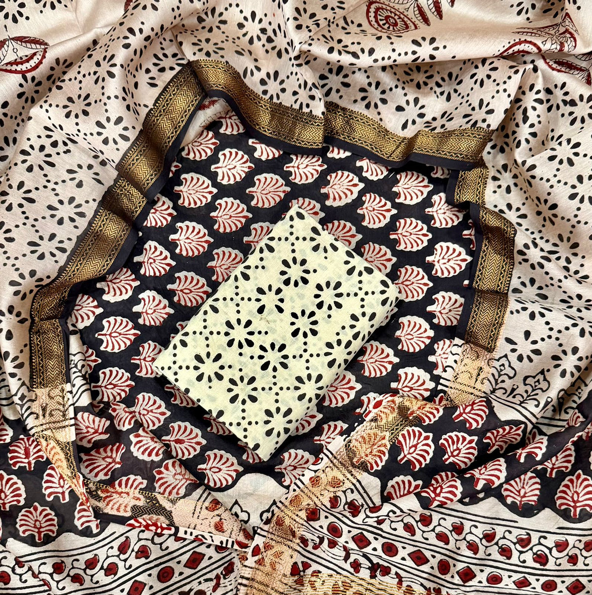 Hand Block Print Maheshwari Silk Geecha Border Suit