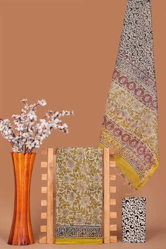 Soft Kota Cotton Dress Material with Hand Block Print & Cotton Bottom