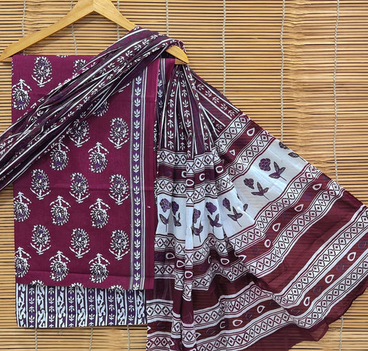 Hand Block Printed Cotton Suit Set With Mulmul Dupatta