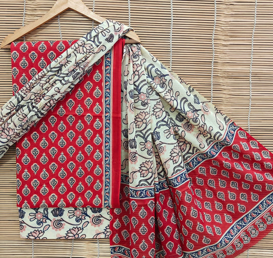 New Hand Block Print Cotton Suit With Mulmul Dupatta