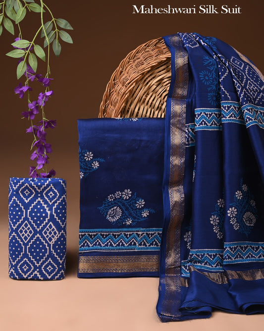 Exclusive Hand Block Printed Maheshwari Silk Suit