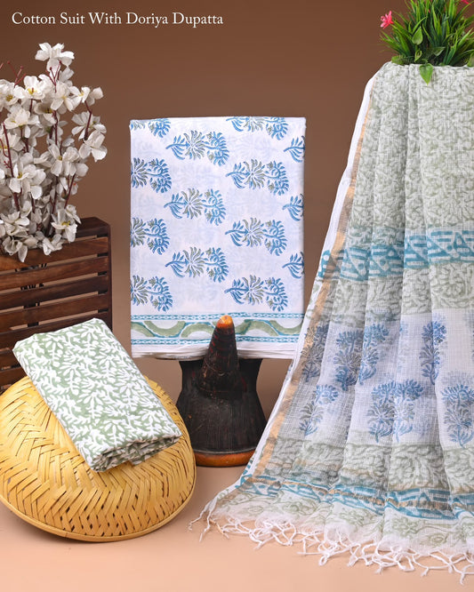 Exclusive Hand Printed Pure Cotton Suit With Kota Doria Dupatta
