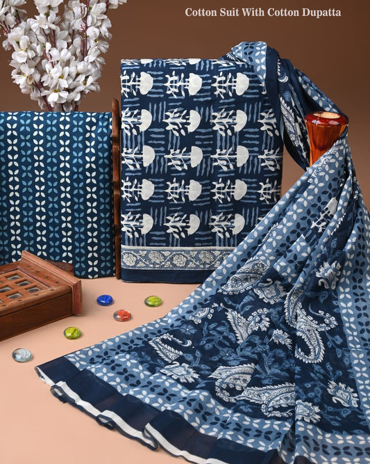 Hand Block Printed Cotton Suit With Mulmul Dupatta 9