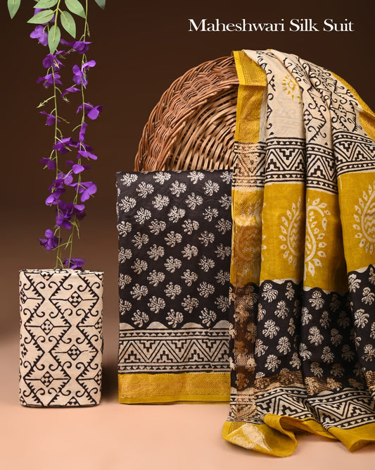 Bagru Hand Block Print Maheshwari Silk Suit Set