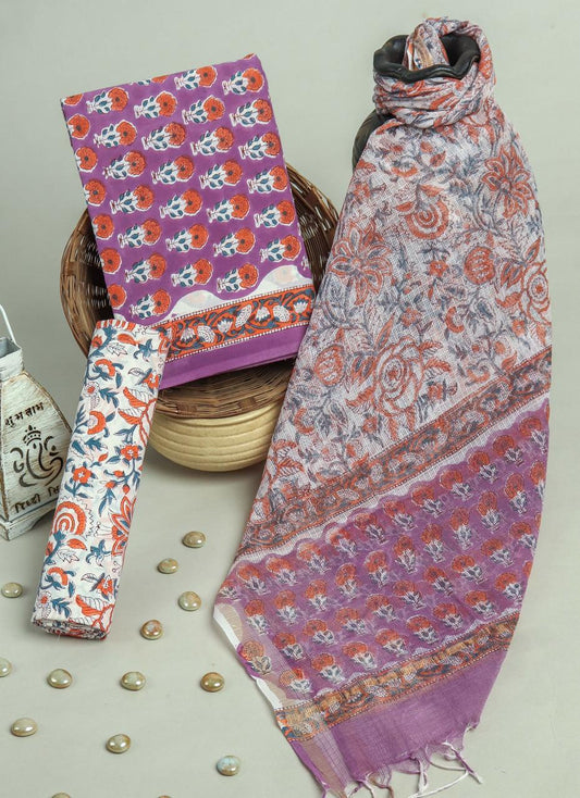Exclusive Hand Printed Pure Cotton Suit With Kota Doria Dupatta