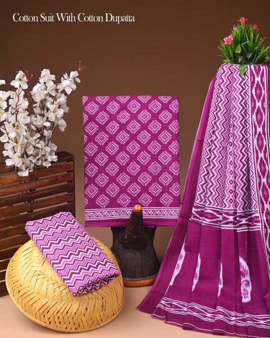 Traditional Hand Block Printed Cotton Suit with Matching Cotton Dupatta