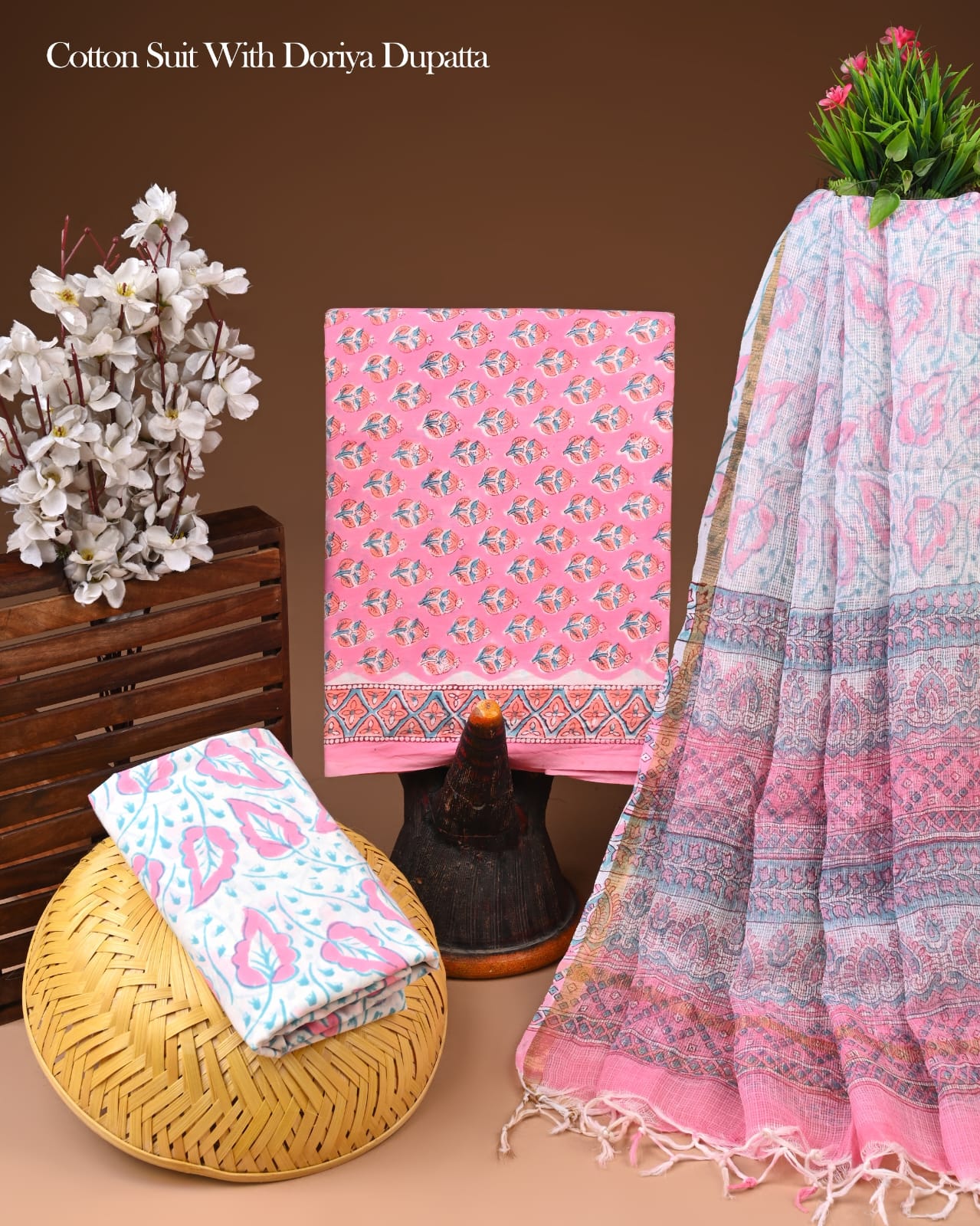 Exclusive Hand Block Printed Cotton Suit With Kota doria Dupatta