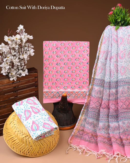 Exclusive Hand Block Printed Cotton Suit With Kota doria Dupatta