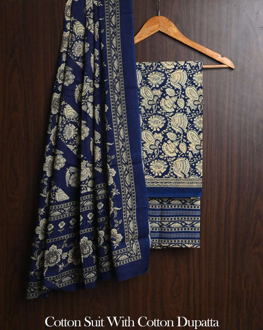 Hand Block Printed Cotton Suit With Mulmul Dupatta