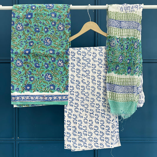 Sangneri Hand Block Print Cotton Suit With Chiffon Dupatta ( 52)
