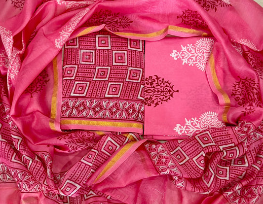 Hand Block Print Chanderi silk White Suit Set