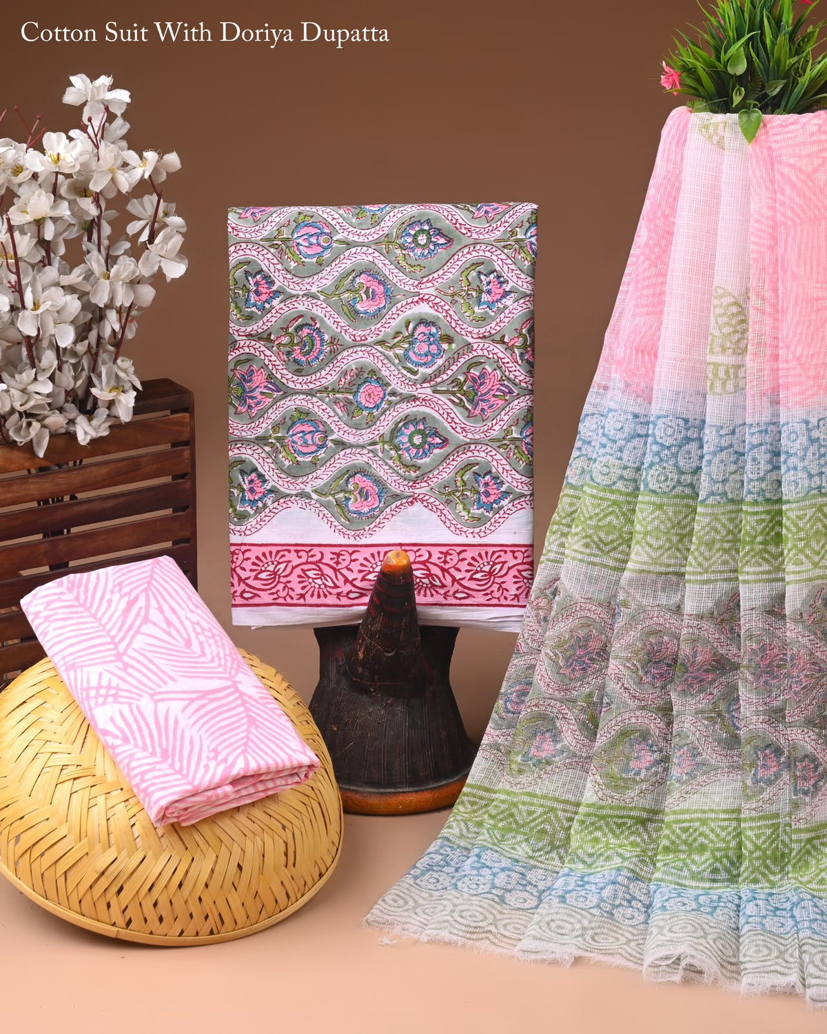 Premium Hand Block Printed Cotton Suit With Kota Doria Dupatta