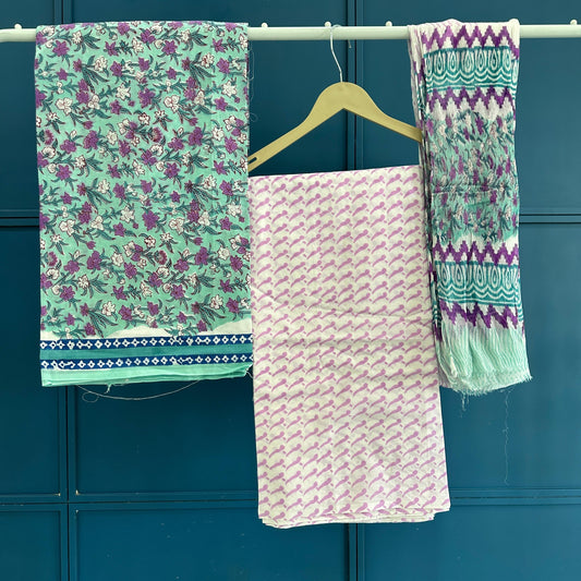 Hand Print Organic Cotton Suit With Chiffon Dupatta