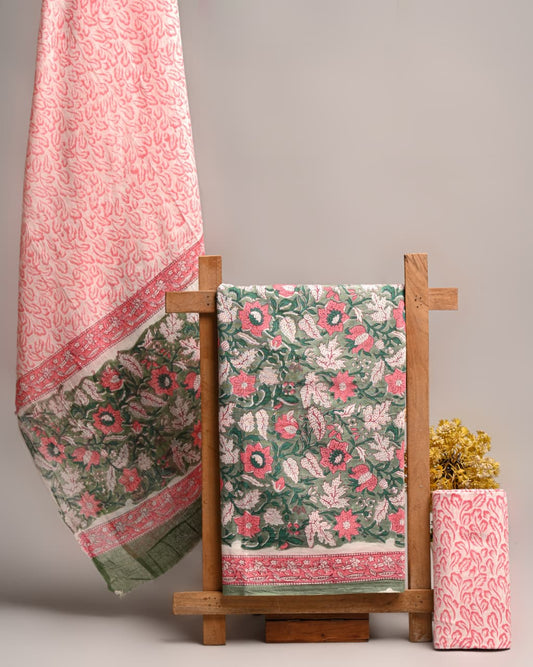 Hand Block Printed Cotton Suit With Mulmul Dupatta