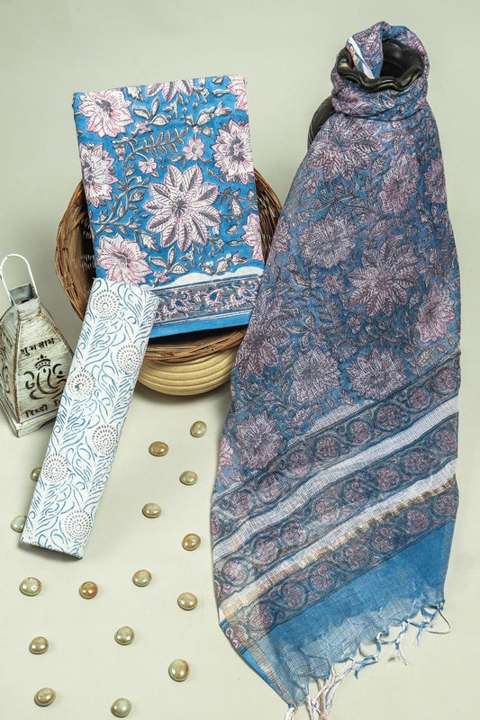 Sky Blue Hand Block Printed Cotton Suit With Kota Doria Dupatta