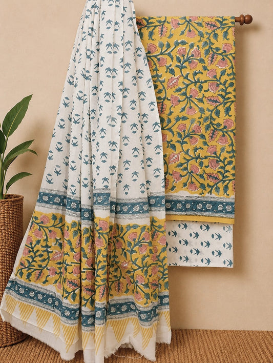 Sanganeri Print Orange Cotton Suit With Mulmul Dupatta 16