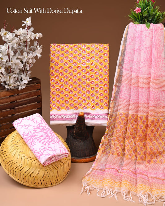 Bagru Hand Block Print Cotton Suit With Kota Doria Dupatta
