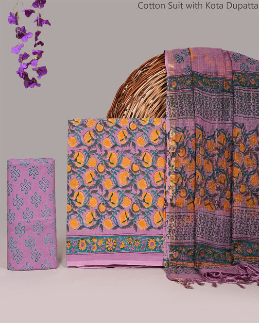 Exclusive Hand Printed Pure Cotton Suit With Kota Doria Dupatta