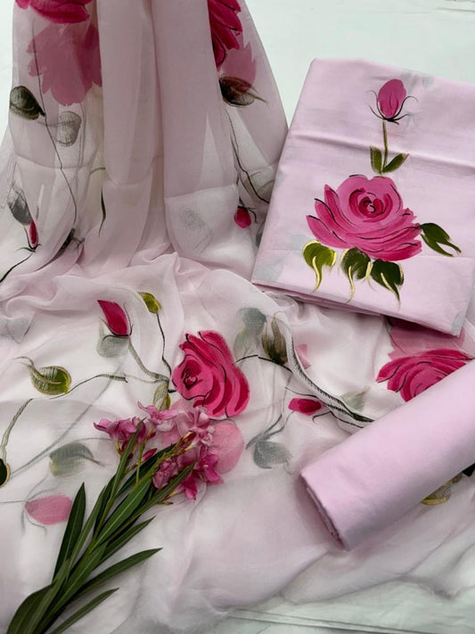 Premium Hand Print Cotton Suit With Chiffon Dupatta