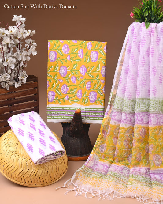 Exclusive Hand Block Printed Cotton Suit With Kota Doria