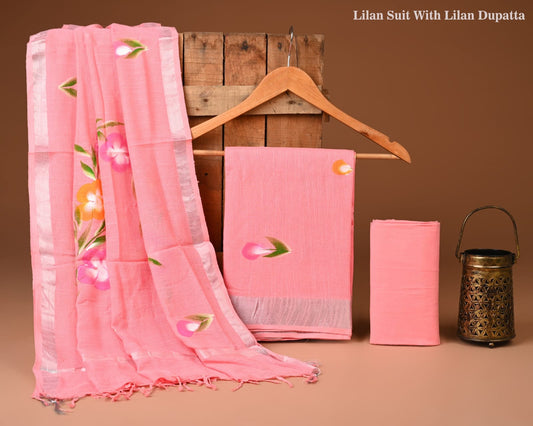 Exclusive Hand Block Printed Lilen Suit With Lilen Dupatta