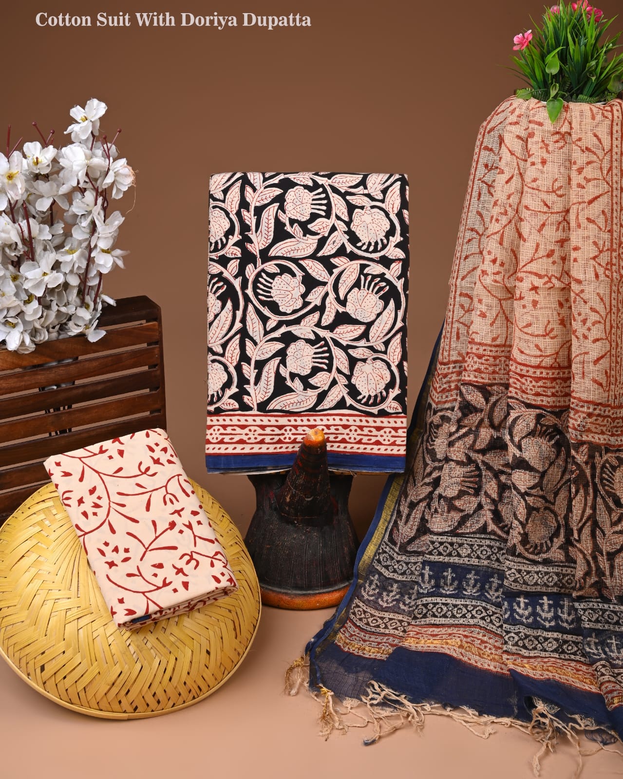 New Hand Block Printed Cotton Suit With Kota Doria Dupatta