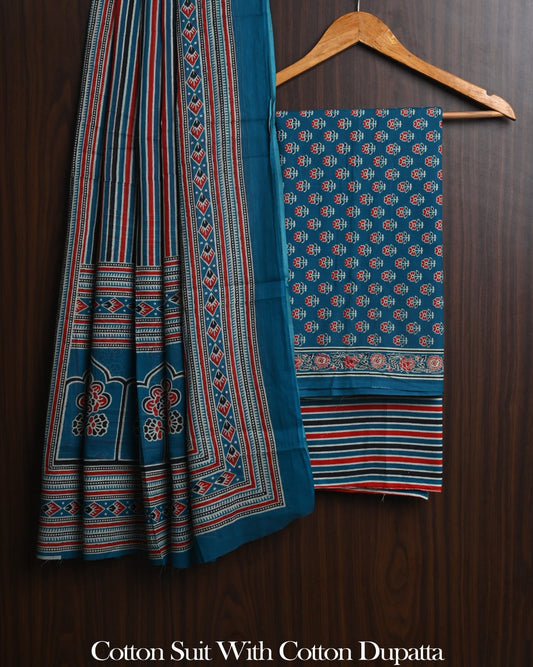 Sanganeri Print Orange Cotton Suit With Mulmul Dupatta