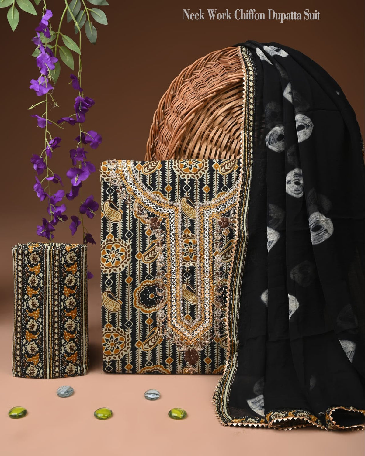 Sanganeri Print Cotton Gota Patti Work Suit With Chiffon Dupatta