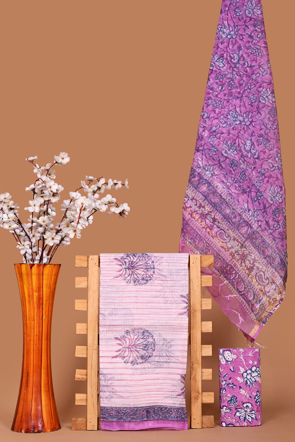 Premium Kota Cotton Hand Block Print Dress Material with Dupatta
