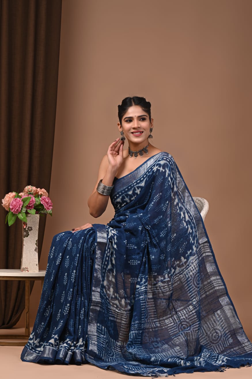 Dabu Block Print Linen Saree
