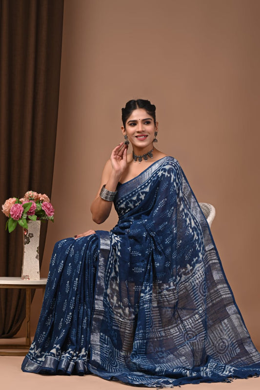 Dabu Block Print Linen Saree