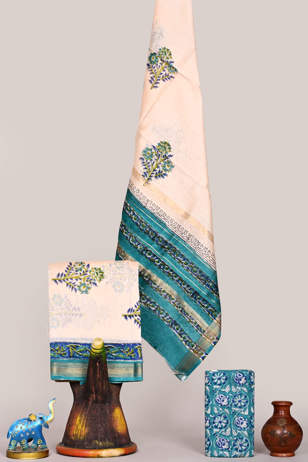 Hand Block Printed  Maheshwari Silk Suit Set