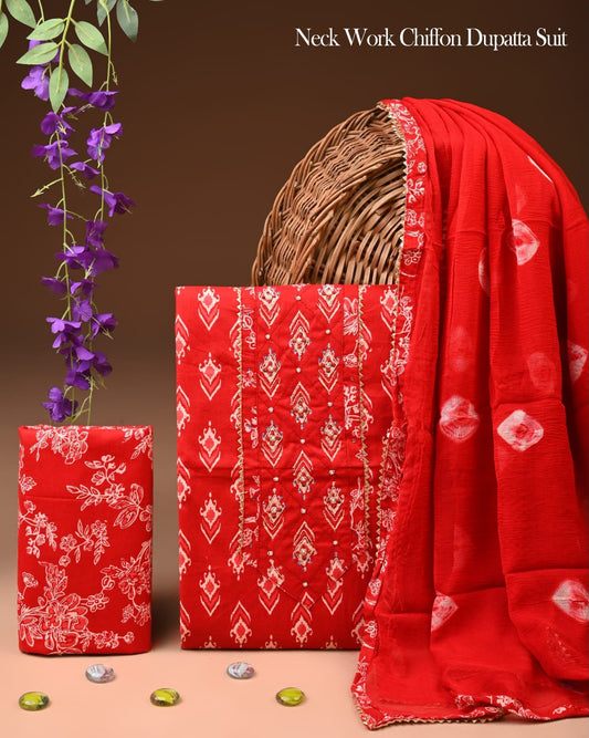 Organic Cotton Gota Patti Work Suit With Chiffon Dupatta
