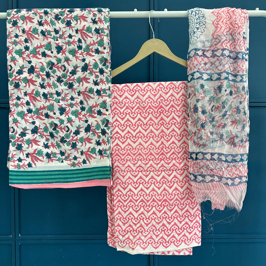 Primum Hand Block Print Cotton Suit With Chiffon Dupatta