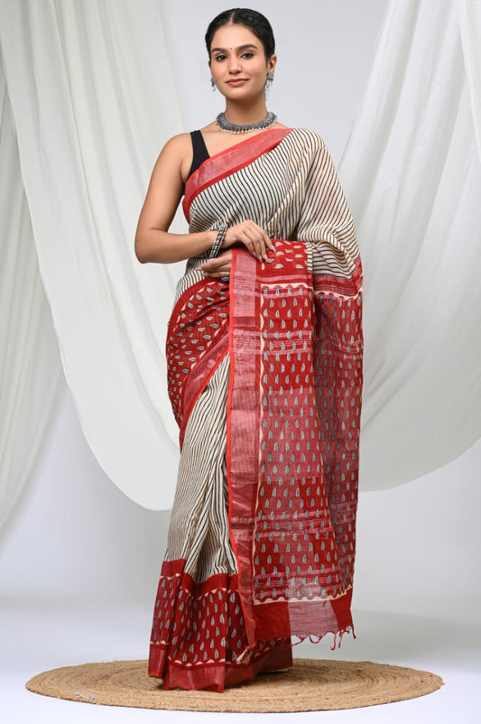 Pure Linen Saree With Traditional Dabu Print