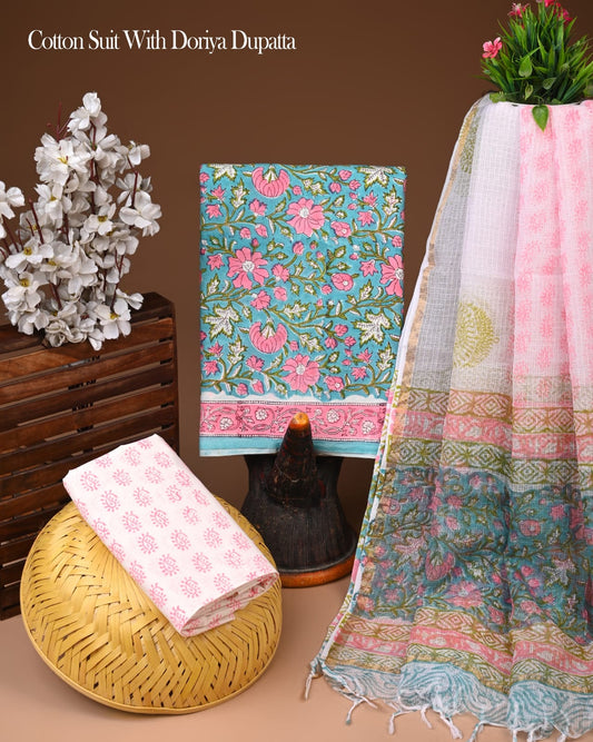 Exclusive Hand Block Printed Cotton Suit With Kota Doria Dupatta