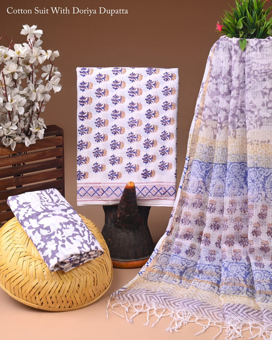 Exclusive Hand Block Printed Cotton Suit With Kota Doria Dupatta