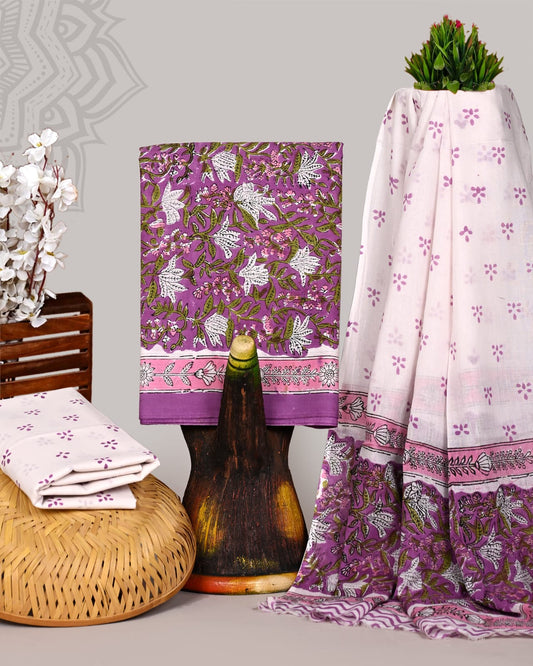 Hand Block Print Pink Cotton Suit With Mulmul Dupatta