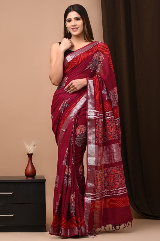 Soft Linen Saree With Hand Block Prints