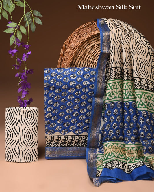 Bagru Hand Block Print Maheshwari Silk Suit