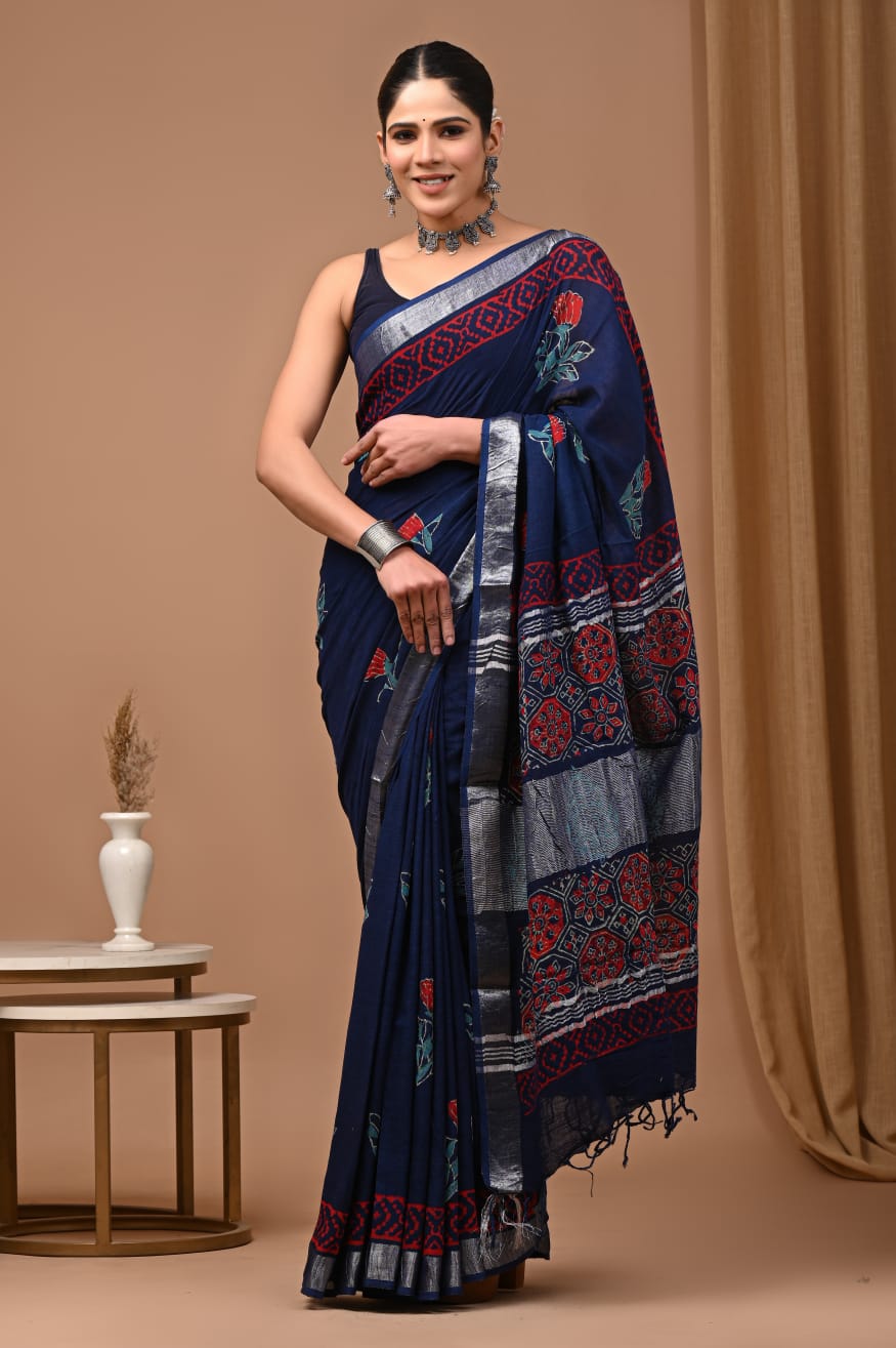 Naturally Dyed Hand Printed Linen Saree