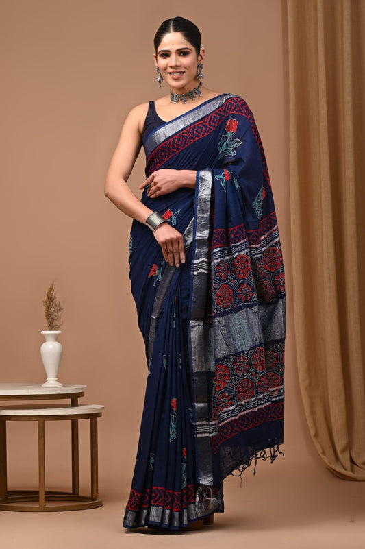 Naturally Dyed Hand Printed Linen Saree