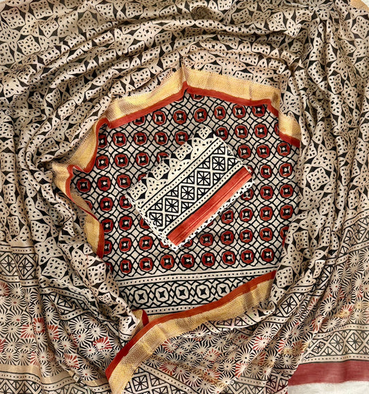 Premium Hand Block Printed Maheshwari Silk Zari Border Suit