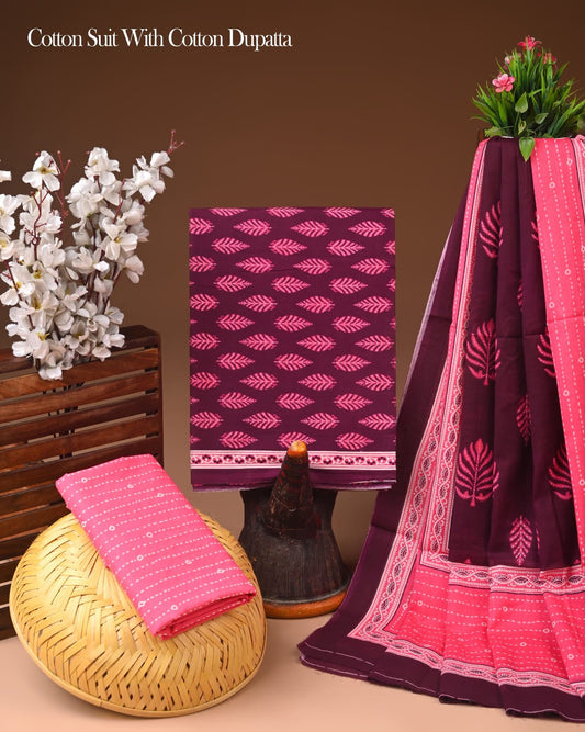 Hand Block Printed Cotton Suit Set With Mulmul Dupatta