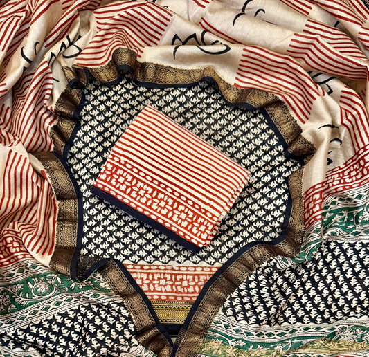Bagru Hand Block Printed Maheshwari Silk Suit