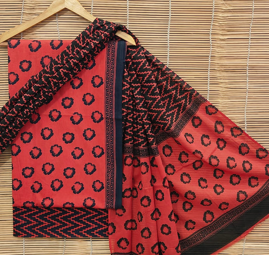 Exclusive Jaipuri Print Cotton Suit With Mulmul Dupatta